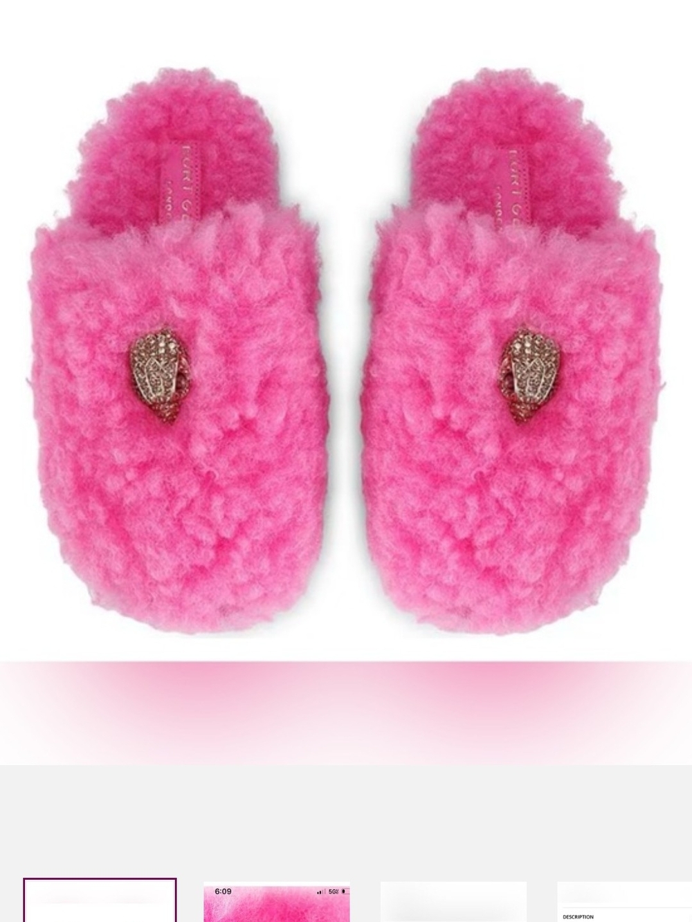 Kurt Geiger Hot Pink Faux Shearling Slippers with Crystal Eagle Charm